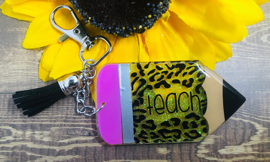 Leopard Print Pencil Keychain With Word Teach On It-Educator Keychain-Glitter Pencil-Teacher Keychain-Teacher Gift-Back To School