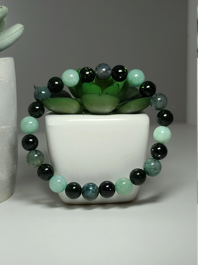 Moss Agate, Green Goldstone, & Jade Beaded Bracelet