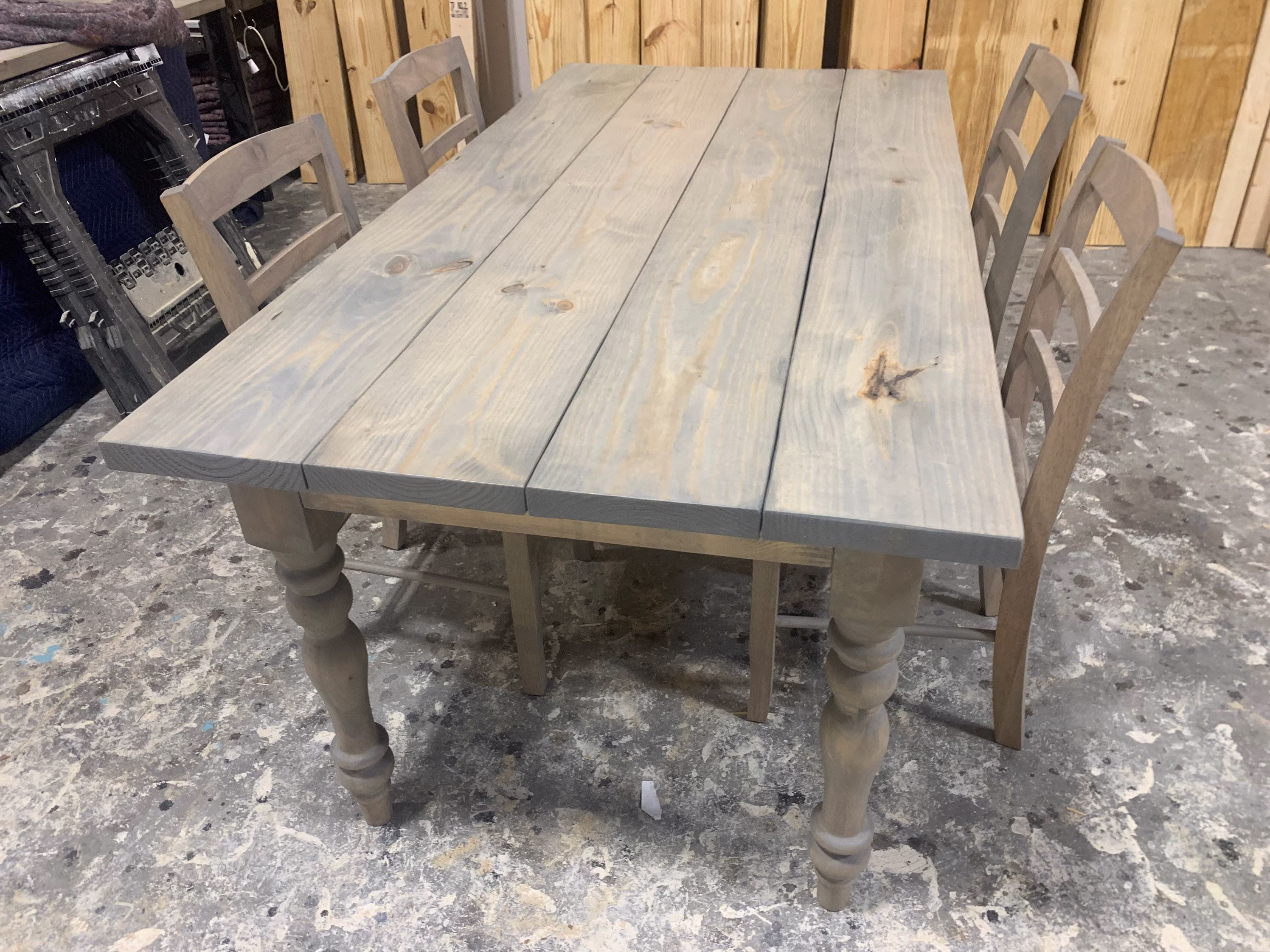 6Ft Rustic Farmhouse Table With Chairs & Turned Legs, Classic Gray, Wooden Dining Table, Kitchen
