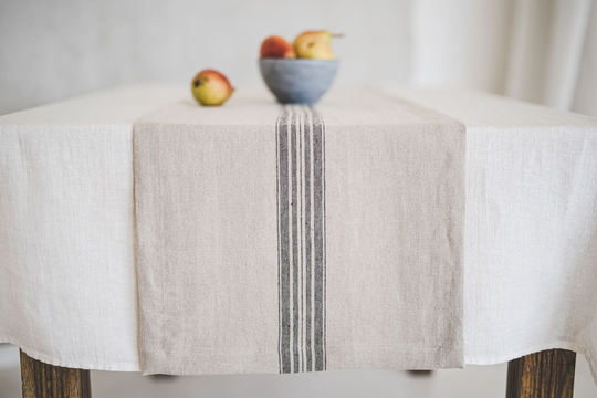 Rustic Linen Table Runner, Natural Runner With Black Stripe, Handmade Softened Farmhouse Runner