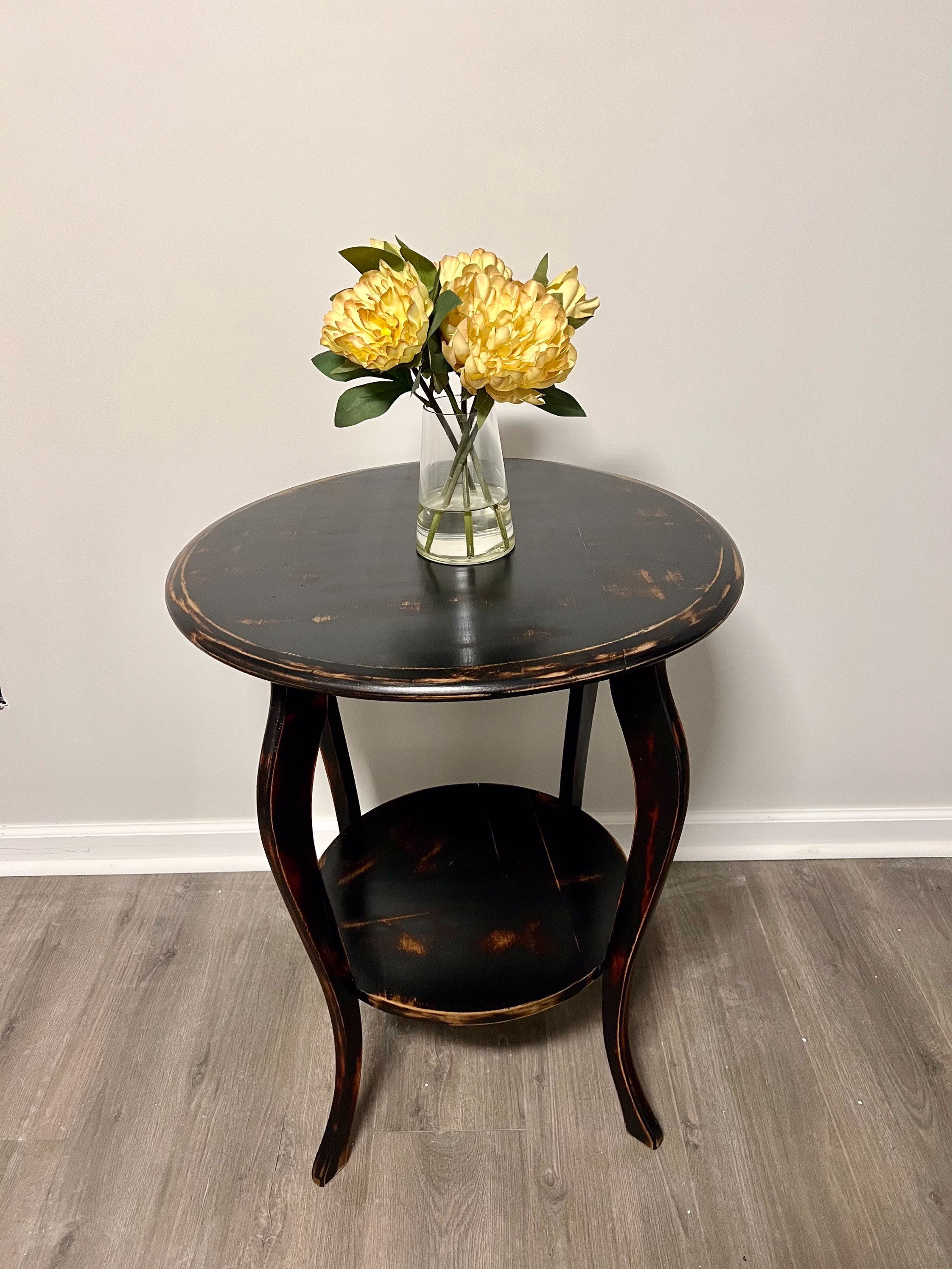 Black Distressed Round End Table Hand Painted And