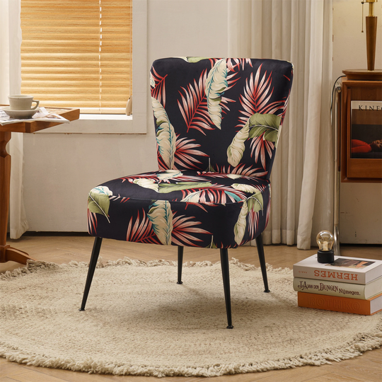 Chair Flower Patterned Velvet Fabric Farmhouse Chair Black Metal Legs