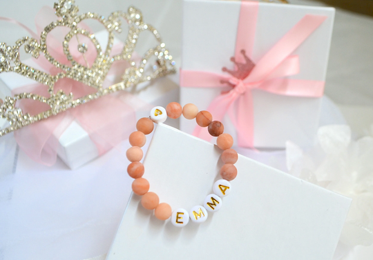 Blush Peach Baby Bracelet Gemstone, Personalized Bracelet, Shower Gift, Name Toddler, Infant Newborn, Girls