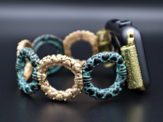 Handmade Gold Colors Ring Apple Samsung Fitbit Watchband, Custom Size Band 40mm 44mm. Versa 1-2, Stretchy Band