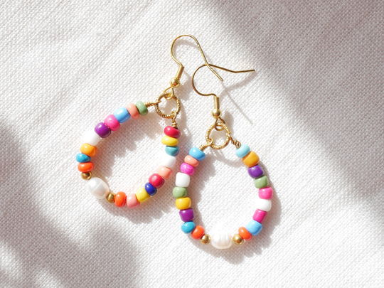 Colorful Beads Hoop Earrings | Beaded Boho Mixed Color Holiday Bead For Her Seed With A Freshwater Pearl