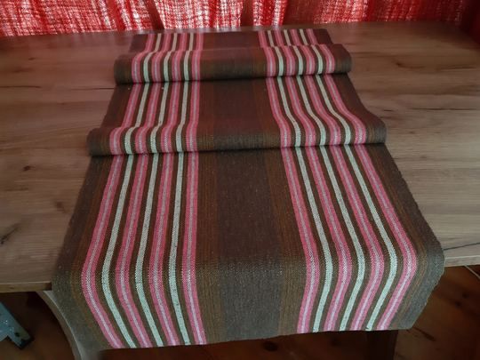 Vintage Woven Linen Short Table Runner, Topper, Decor, Brown Pink Striped Runner | E16