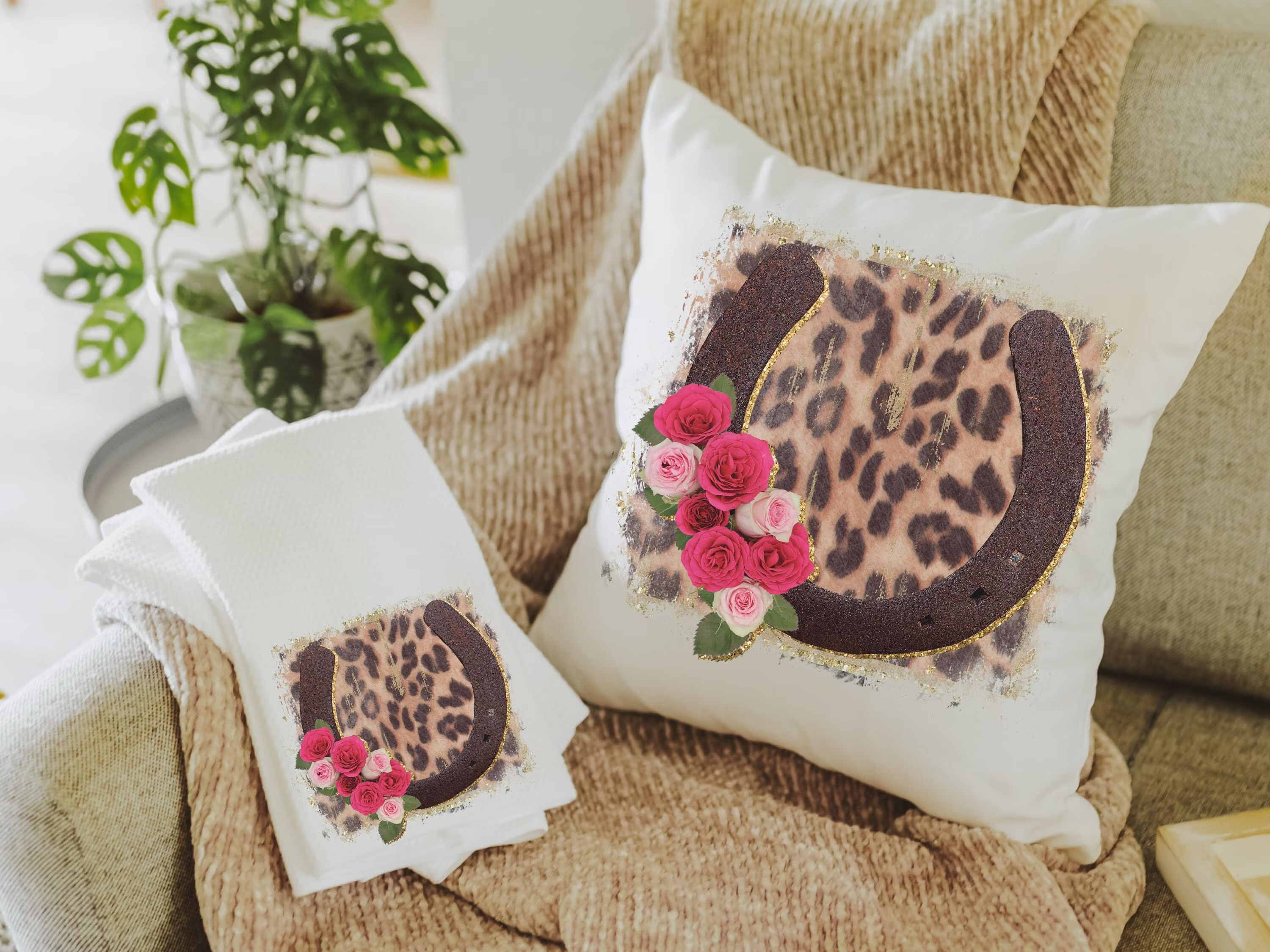 Horseshoe Pillow For Sofa, New Home Gift Set, Apartment Her, Floral Leopard Couch, Unique Kitchen Towels, Christmas