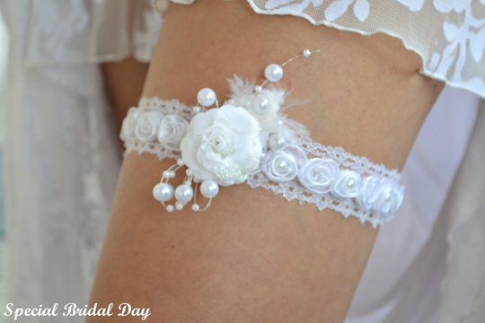 Wedding Garter Belt Set White Lace Garter, Bridal Set, Applique Flower Handmade Gift, Prom Garters