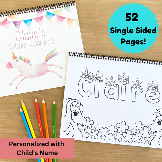 52 Pages Personalized Large Kid's Unicorn Color Book - Theme Gift For Girls, Birthday With Child's Name