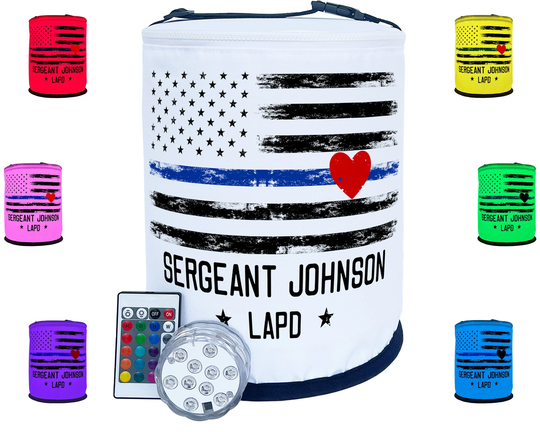 Personalized Color Changing Lantern - Thin Blue Line Police Officer Decoration Includes Your Custom Text & Led Puck Light With Remote