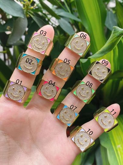 5-10Pcs, Gold Color Cz Pave Colorful Enamel Happy Face Ring Women Jewelry Finger Band Stacking Open Rings