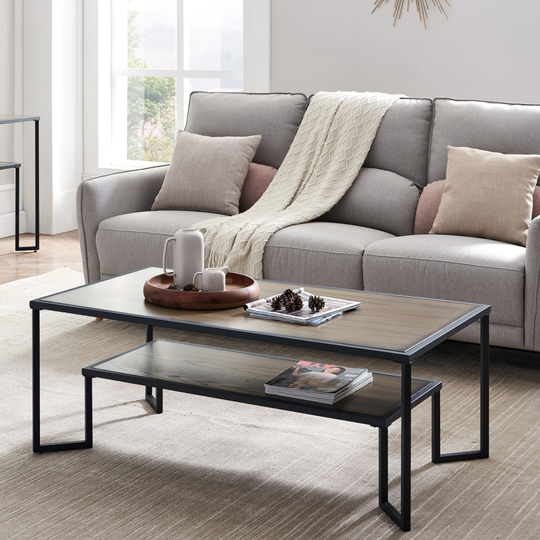 Industrial Coffee Table, 2-Tier End Table with Storage Shelf