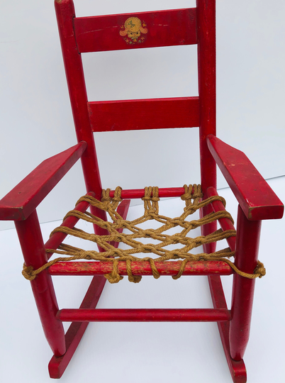 Vintage, Child Size, Rocking Chair, Red Wooden, Ladder Back, Nursery Chair With Lamb Applique & Sturdy, Rope Bottom, Child's