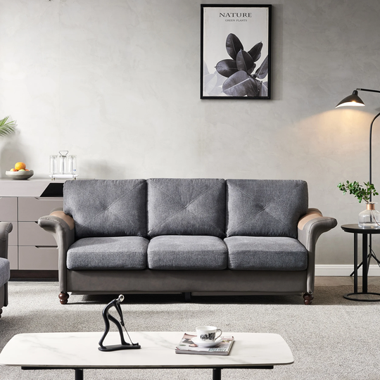 Modern Linen Fabric Faux Leather Upholstered 3 Seater Sofa Living Room Folding Armrest Sofa with Wood Leg and Storage Boxes