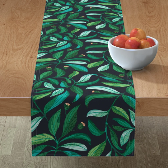 Tropical Vines Table Runner - Moonlit Leafy Spirals By Rocketandindigo Green Leaves Leaf Jungle Cotton Sateen Spoonflower