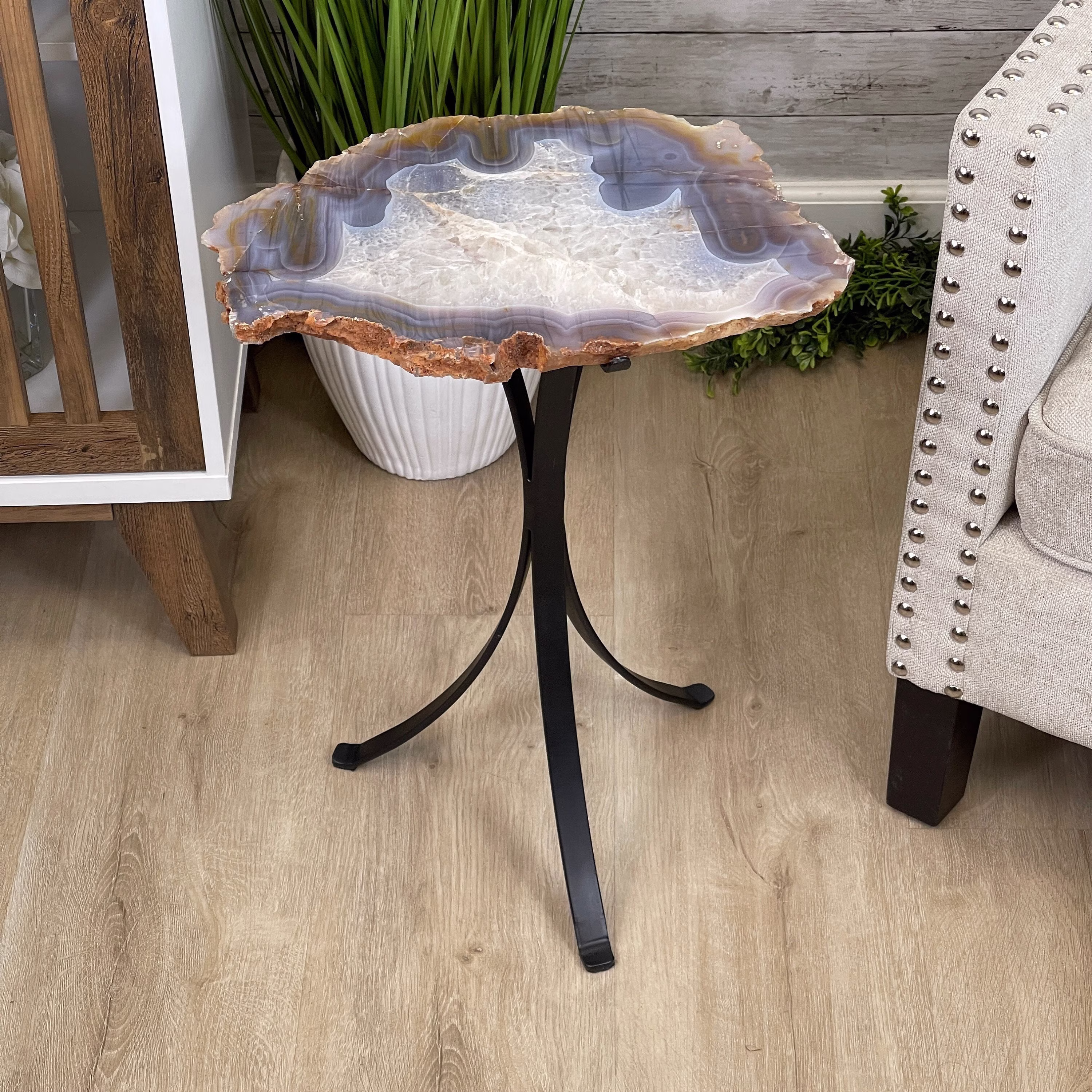 Natural Brazilian Agate Side Table, Single Slice On A Black Metal Base, 22" Tall #1305-0125 By Brazil Gems