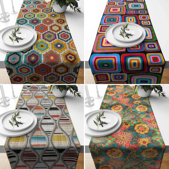 Abstract Table Runner, Colorful Geometric Multicolored Farmhouse Tablecloth, Mid Century Decor, Housewarming Gift, Gift For Mom