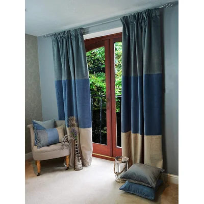 Mcalister Textiles Patchwork Velvet Curtains 2 Panels | Blue, Purple & Grey Luxury Soft Made To Order Curtains & Drapes | Cotton Pencil Pleat Fully Li