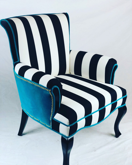 Free Shipping Available To Replicate Made in The USA Black & White Striped Vintage Round Wing Back Chair With Turquoise Velvet
