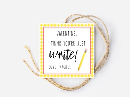 Valentines Tag, You Are Just Write, Girls Valentines, Boys Pencil Easy Custom