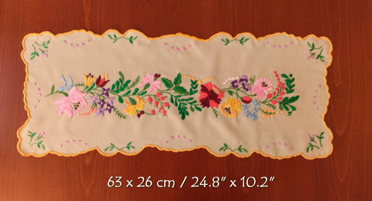 Hand Embroidered Small Vintage Table Centerpiece, Runner With Authentic Hungarian, Kalocsa Embroidery | 25"x10"