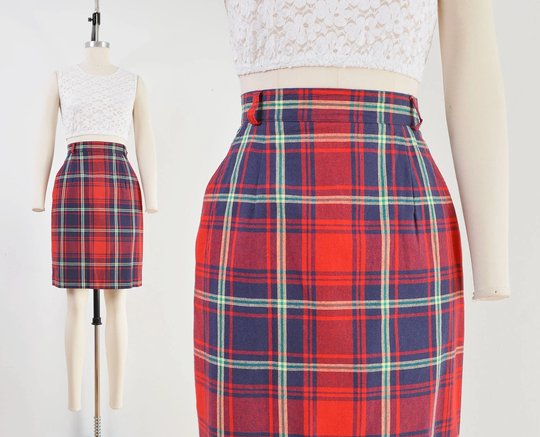 Tartan Plaid Skirt | 90S Vintage High Waist Knee Length Cotton Pencil With Pockets Size Small 27 Waist