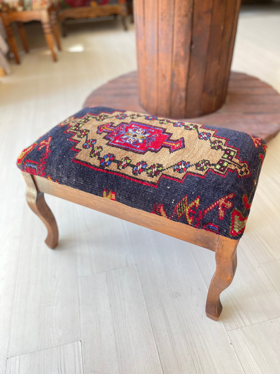Vintage Carpet Stool, Foot Rest, Ottoman, Beech Wood Furniture, Ottoman Chair, Stool