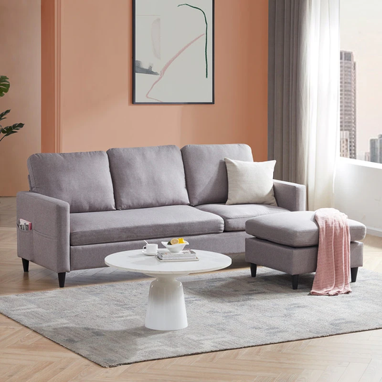 L-Shape Reversible Sectional Sofa Couch with Side Pocket, Linen Blue