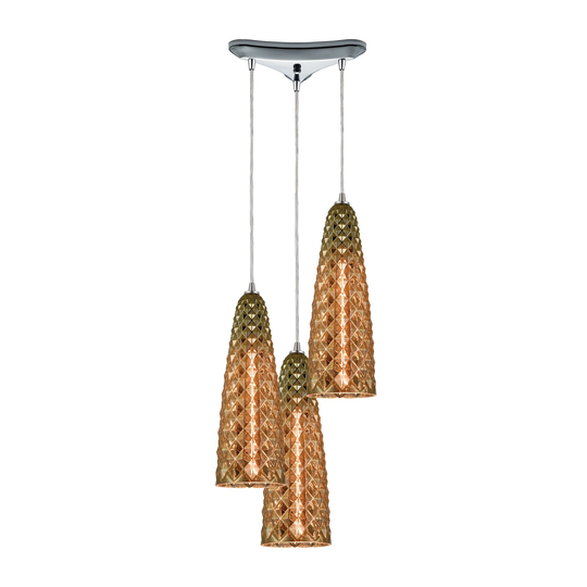 Glitzy 3-Light Triangular Mini Pendant Fixture in Polished Chrome with Golden Bronze Plated Glass