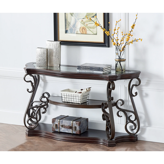 Merax Mid-century Sofa Table Glass Tabletop Console Table with 2 Shelves