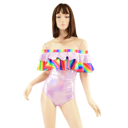 Lilac Holographic Siren Romper With Tiered Double Ruffle Off Shoulder Neckline. Top Band & Long Ruffle in Rainbow Stripe 157656