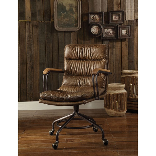 Leather Vintage High Back Top Grain Office Chair, with 4-Star Base Casters and Metal Base, WoodenArmrest with Metal Frame - N/A