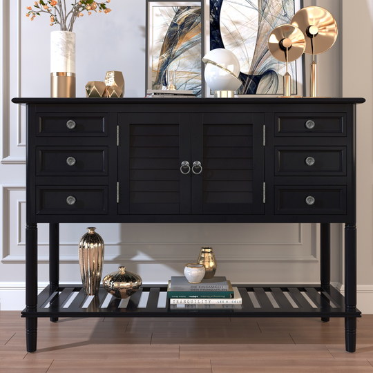 45'' Console Table Sideboard Cabinet Side End Table Sofa Table with 6 Drawer& 1 Cabinet& 1 Shelf, Black