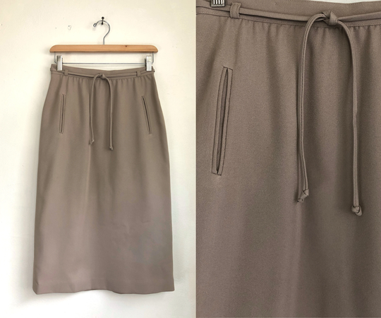 Vintage Twill Pencil Skirt | 70S Khaki/Beige Straight Cut With Pockets Womens Size Xs 25-26" Waist