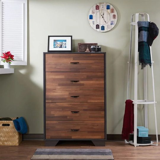 Contemporary Dresser Chest with 5 Drawers, Walnut Glide Side Metal Drawer Storage Cabinet, Metal Drawer Handles Dresser Chest