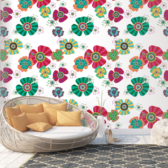 Removable Colorful Modern Floral Pop Art Wallpaper, Peel & Stick Red Green White Background Boho Chic Bright Colors Wallpaper