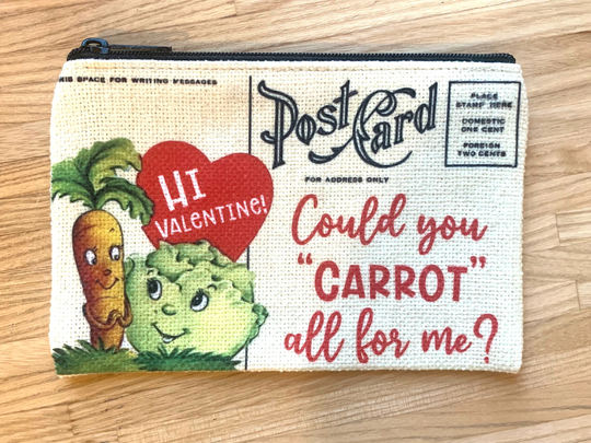Vintage Valentines Coin Purse, Zippered Pouch, Pencil Case, Make Up Bag. Gifts. Carrot Valentine. Anthropomorphic