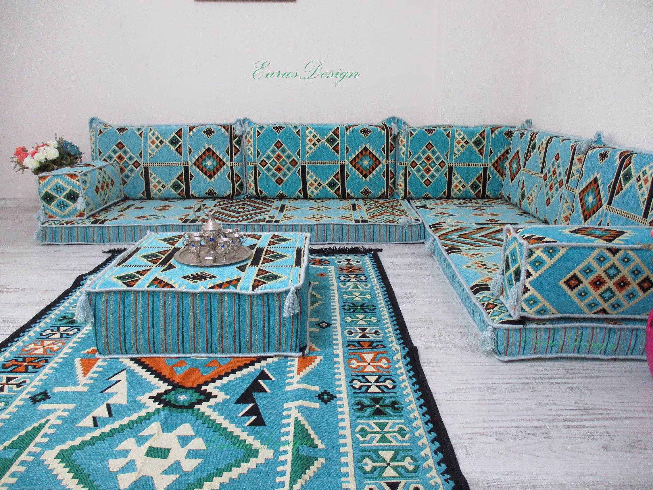 Turquoise Floor Seating, Corner Sofa Set, Floor Couch, Oriental Seating Sofa, Ethnic Bohemian Furniture, L Shapped