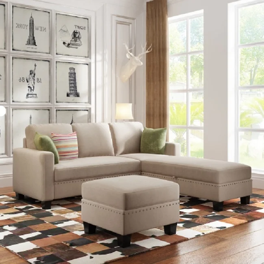 81.1*76.3*35" Nailheaded Textured Fabric 3 pieces Sofa Set, L Sectional Sofa with Ottoman,Reversible Storage Chaise,Warm Grey