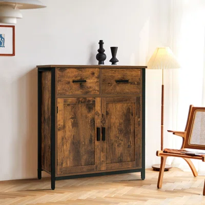 Millwood Pines Industrial Storage Cabinet, Floor Standing Cabinet With 2 Drawers And 2 Doors, Retro Sideboard Storage Organizer, Accent Side Cabinet F