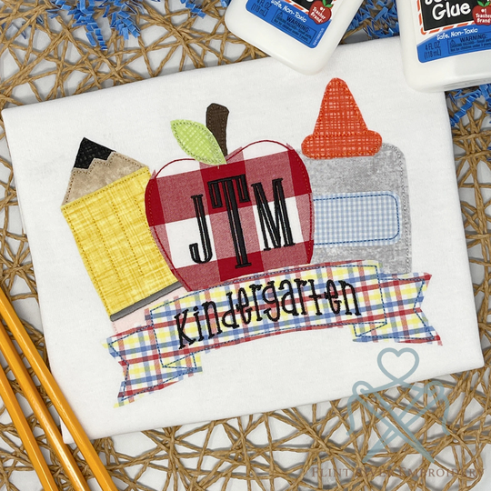 Pencil Apple Glue Kindergarten Banner Embroidered Applique Personalized Back To School Boys Shirt