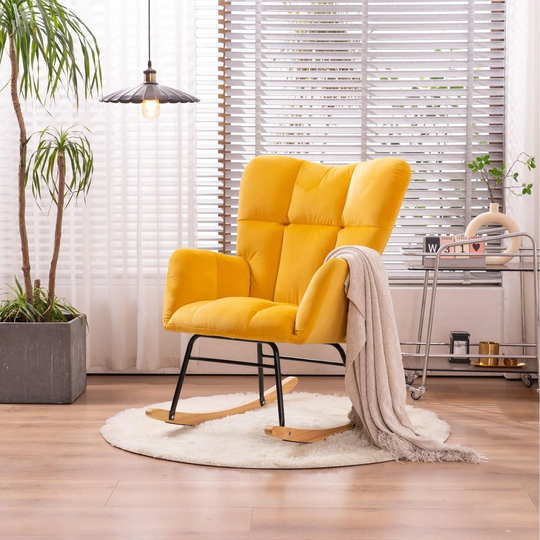 Modern Velvet Tufted Upholstered Rocking Chair, Ergonomic Backrest, Made of Solid Wood and Metal, Living Room Chairs