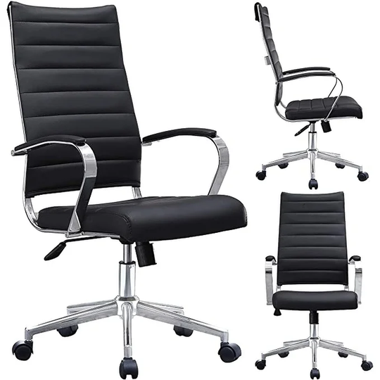 Modern High Back Office Chair Ribbed PU Leather Swivel Tilt Conference Room Computer Desk Cushion Seat Boss