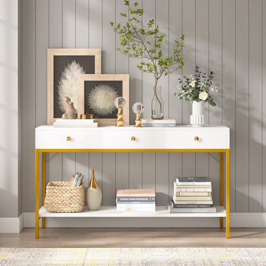 VANOMi 54.33'' Console Table with 3 Drawers, Black Entryway Table with Storage Shelves