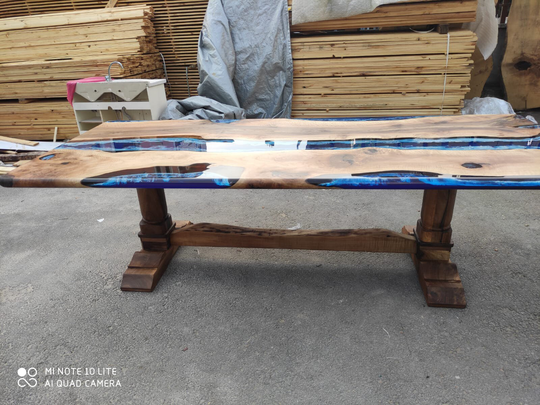 Handmade Epoxy Table, Custom 108" X 42" Walnut Ocean & Royal Blue, Turquoise White Waves River Order For Mary M Legs