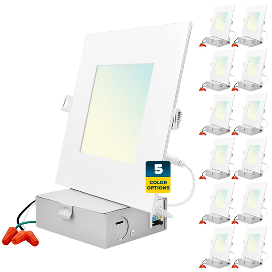 Sunperian 12-Pack 6 inch Square Ultra-Thin LED Recessed Light J-Box 5 Color Options 12W 1000 Lumens Dimmable Wet Rated