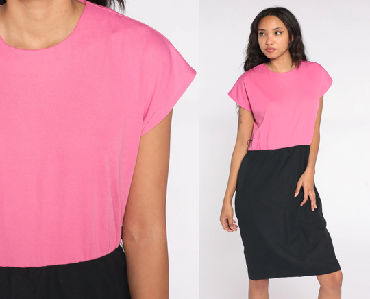 80S Sheath Dress Black Pink Color Block Midi Two Tone Vintage Wiggle Pencil Secretary Cap Sleeve Casual Fitted Medium