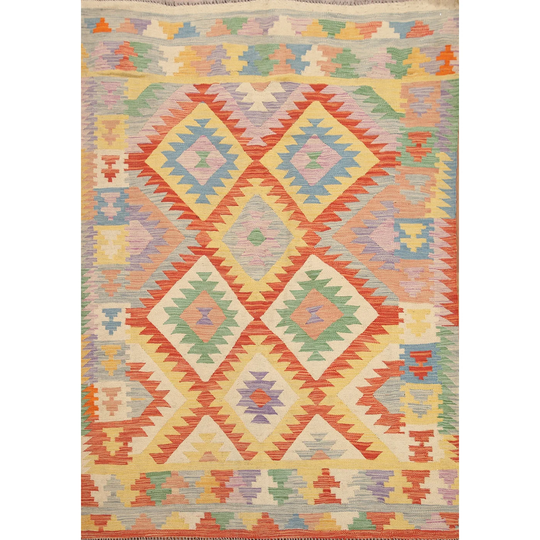 Colorful Geometric Kilim Oriental Area Rug Flat-weave Wool Carpet - 5'1"x 6'8"