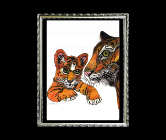 Tiger Mother & Baby Drawing, Colourful Pencil Art, Home Decor, Children's Room, Nursery, Motherhood, Animal Nursery Art