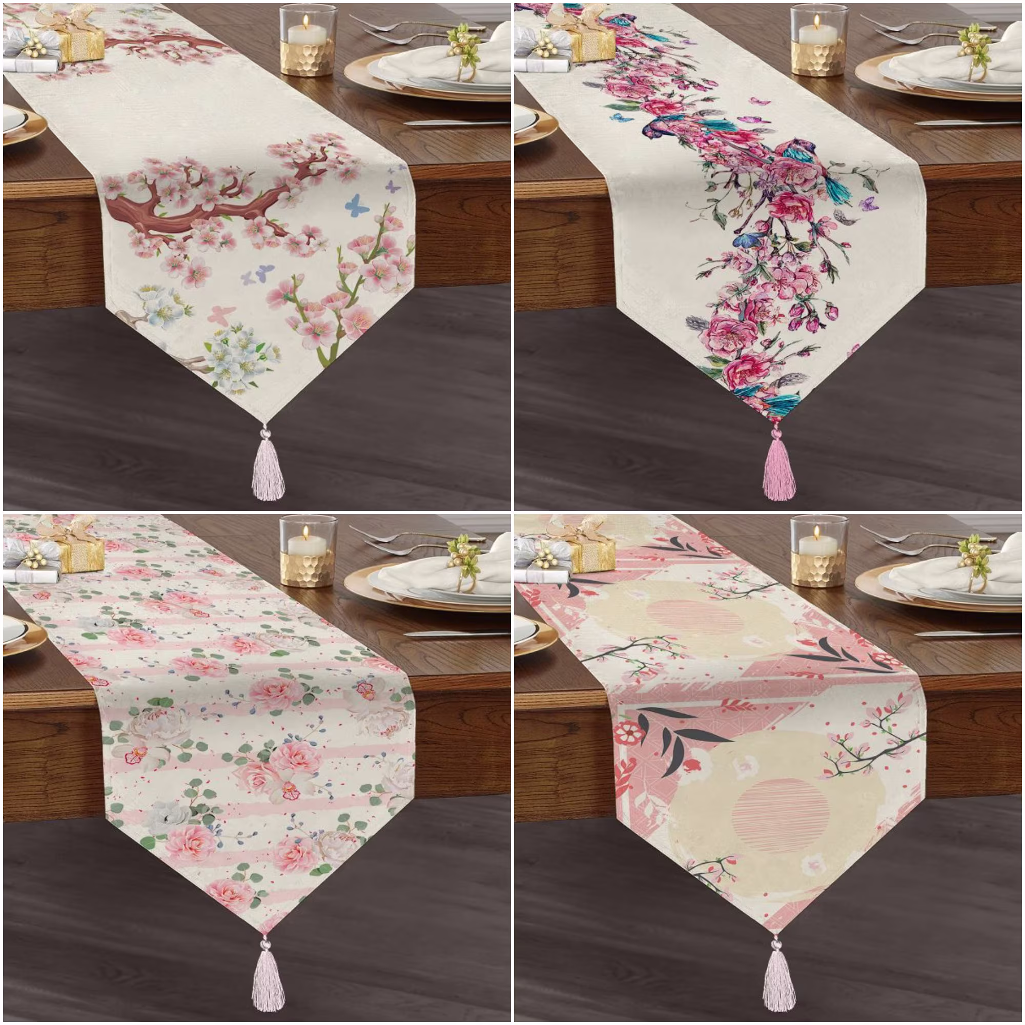 Floral Table Runner|High Quality Triangle Flowers Dining Runner|Summer Trend Decor|Farmhouse Table|Pale Colors Tasseled Runner